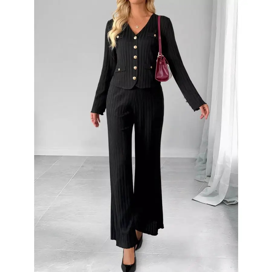 Ribbed Knit Cardigan & Wide Leg Pants Set