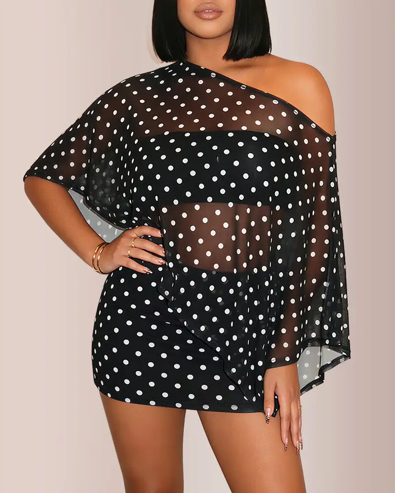 Sheer Asymmetrical Top and Mini Skirt Two-Piece Set