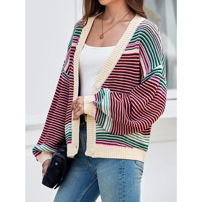 Womens Striped Cardigan Sweaters Oversized Puff Sleeve Button Up V Neck Color Block Knit Sweater Coat