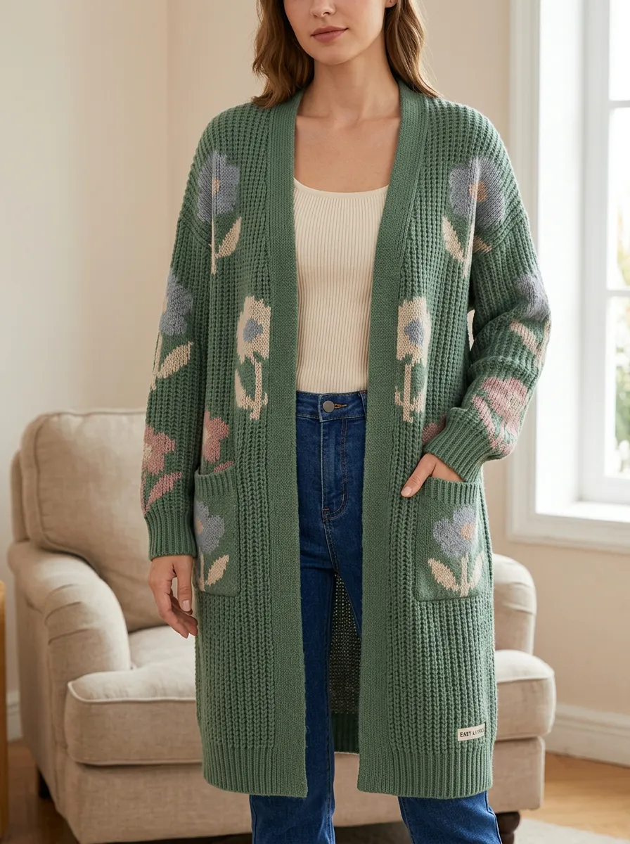 Women's Floral Flower Pattern Knit Long Cardigan