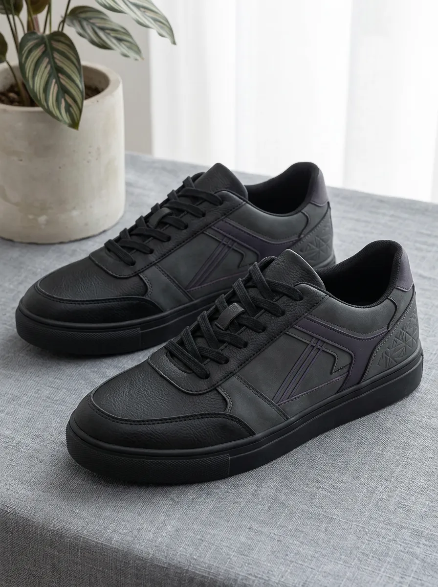 Women's Geometric Pattern Black Textured Printed Sneakers