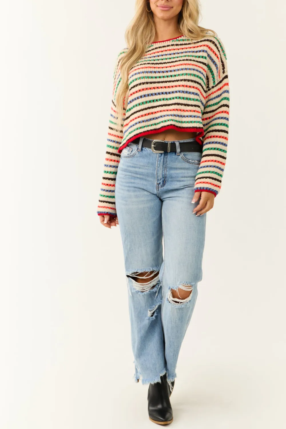 Cream Multicolor Striped Open Crochet Sweater