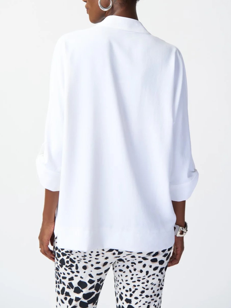 White V - Neck Roll - Sleeve Blouse