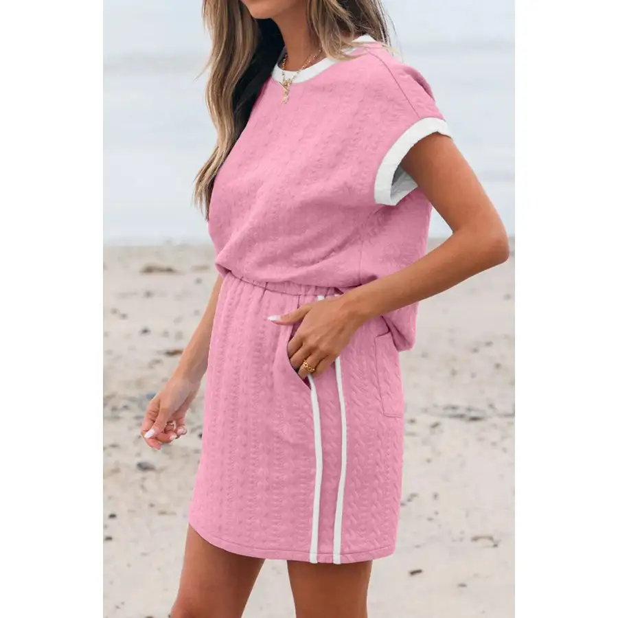 Textured Round Neck Top and Skirt Set