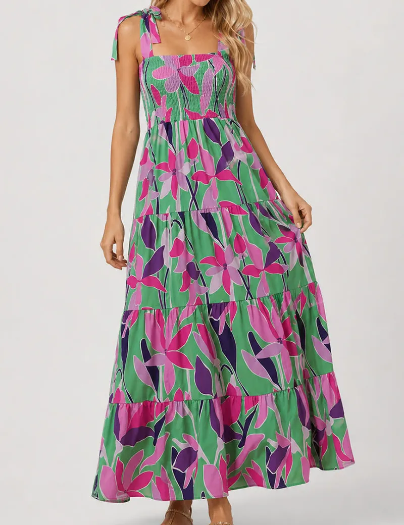 Abstract Smocked Strap Square Neck Midi Dress