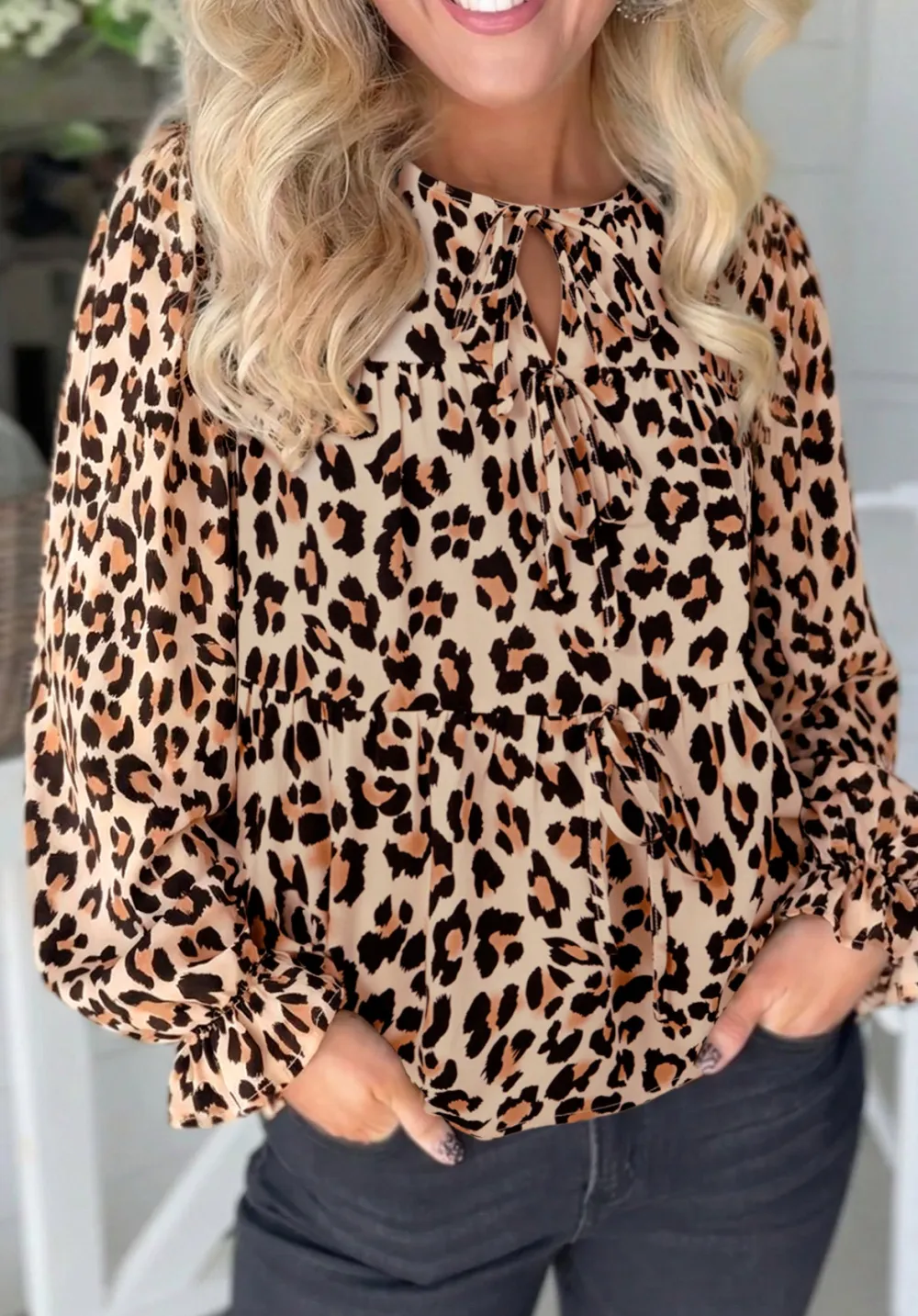 Leopard Print Puff Sleeve Tie Detail Blouse