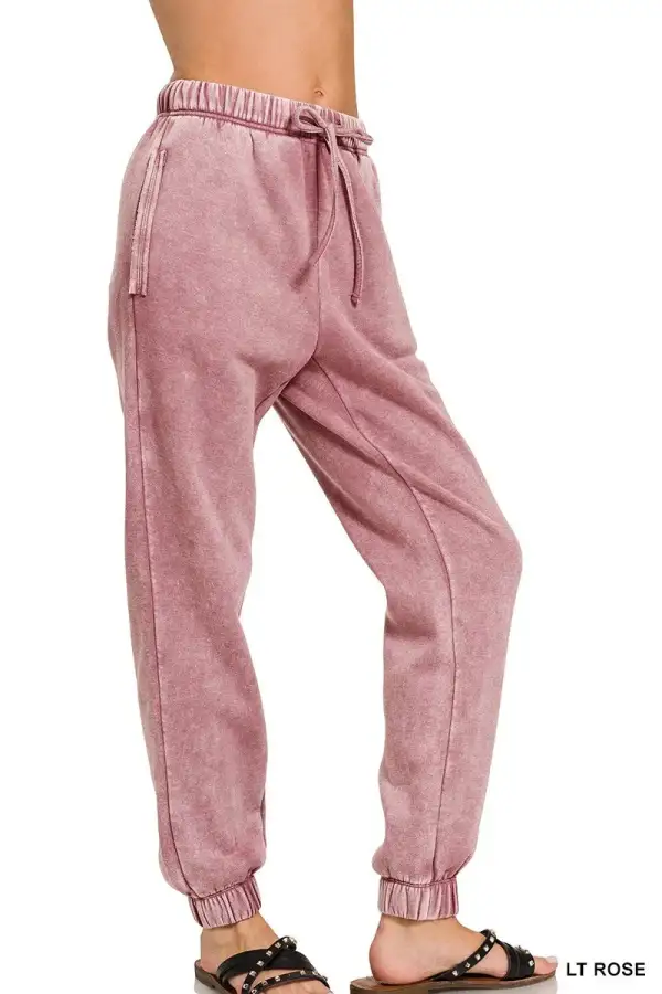 Drawstring Pocketed Fleece Acid-Wash Sweatpants
