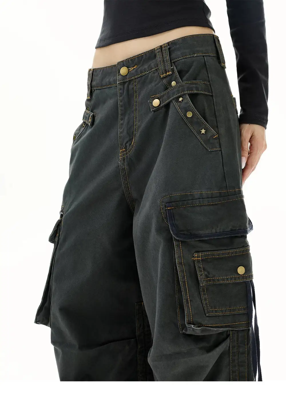 Wide-Leg Cargo-Pocket Strap-Detail Jeans