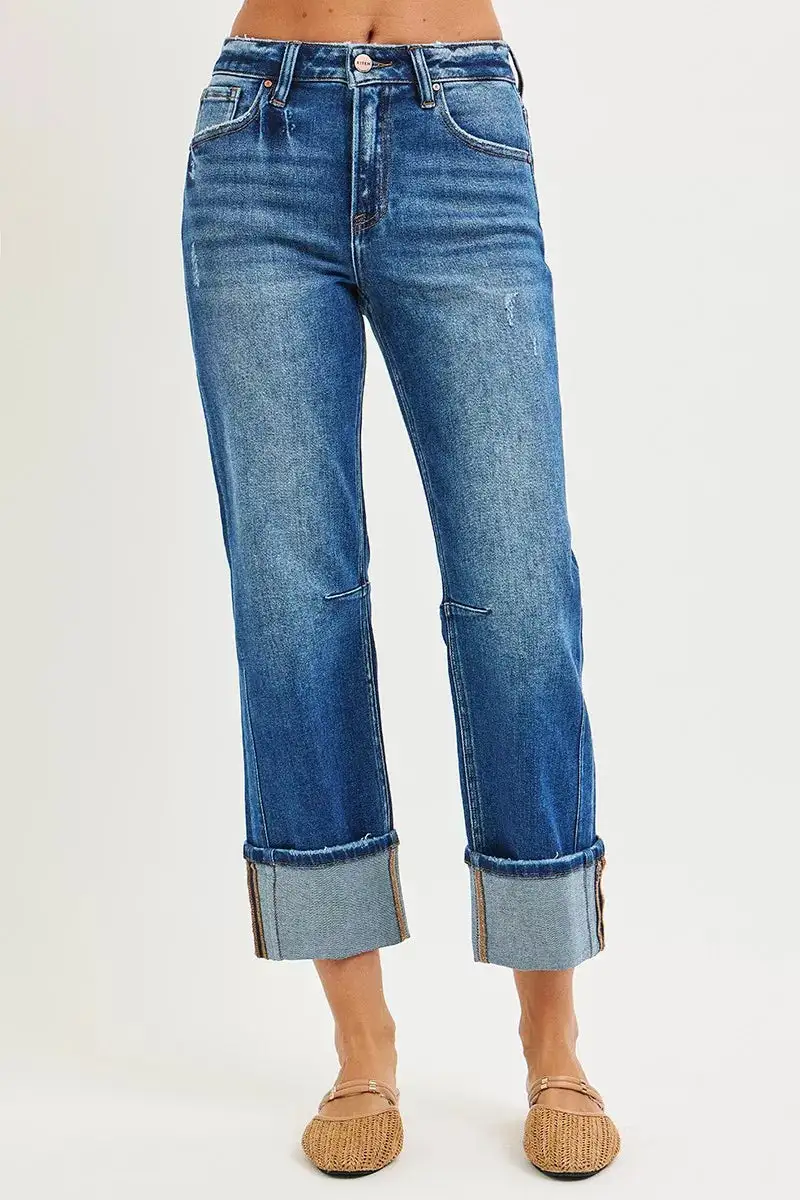 Casual High Waist Straight Leg Distressed Denim Jeans