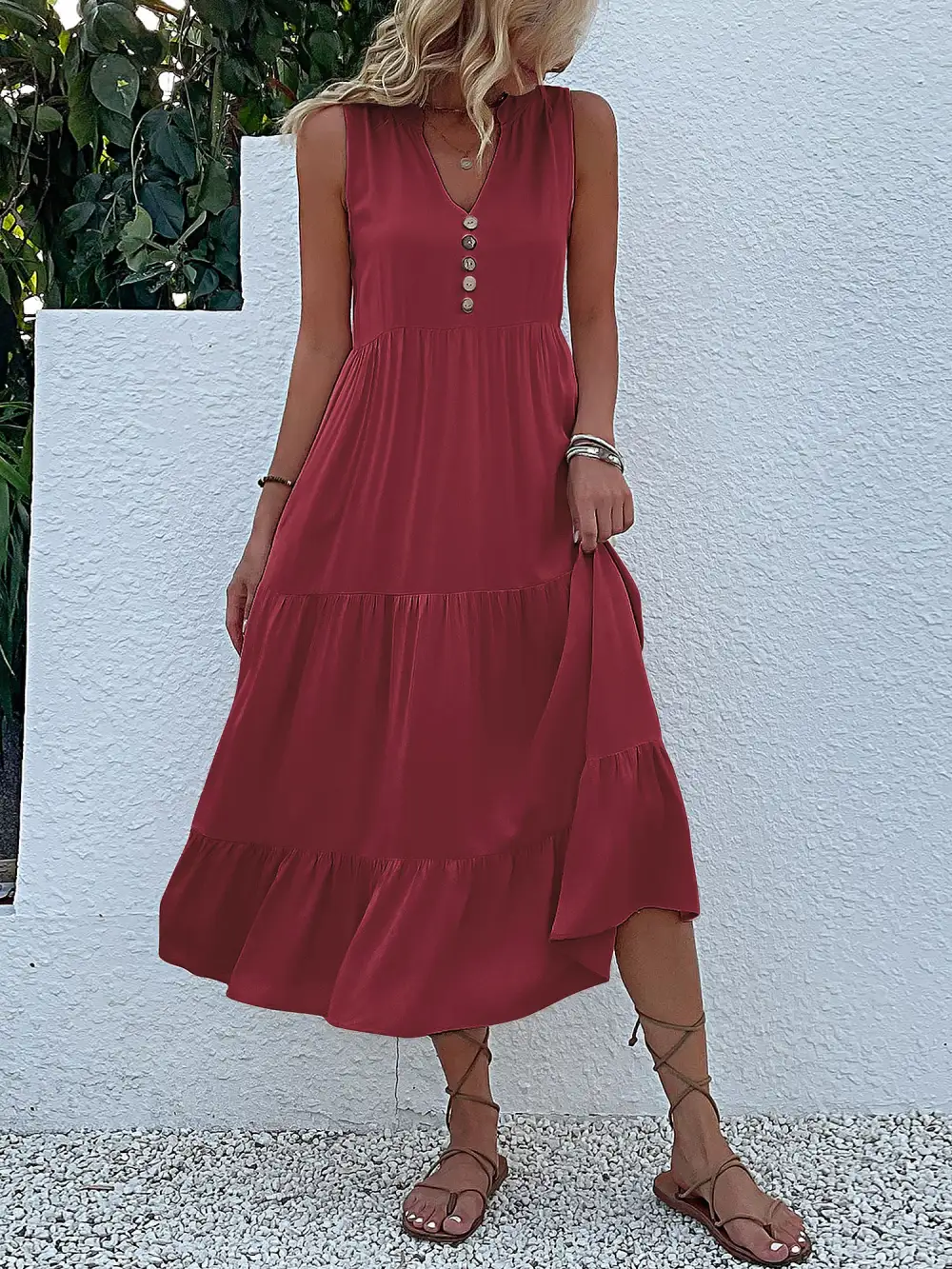 Notch-Neck Buttoned Sleeveless Tiered Midi Dress