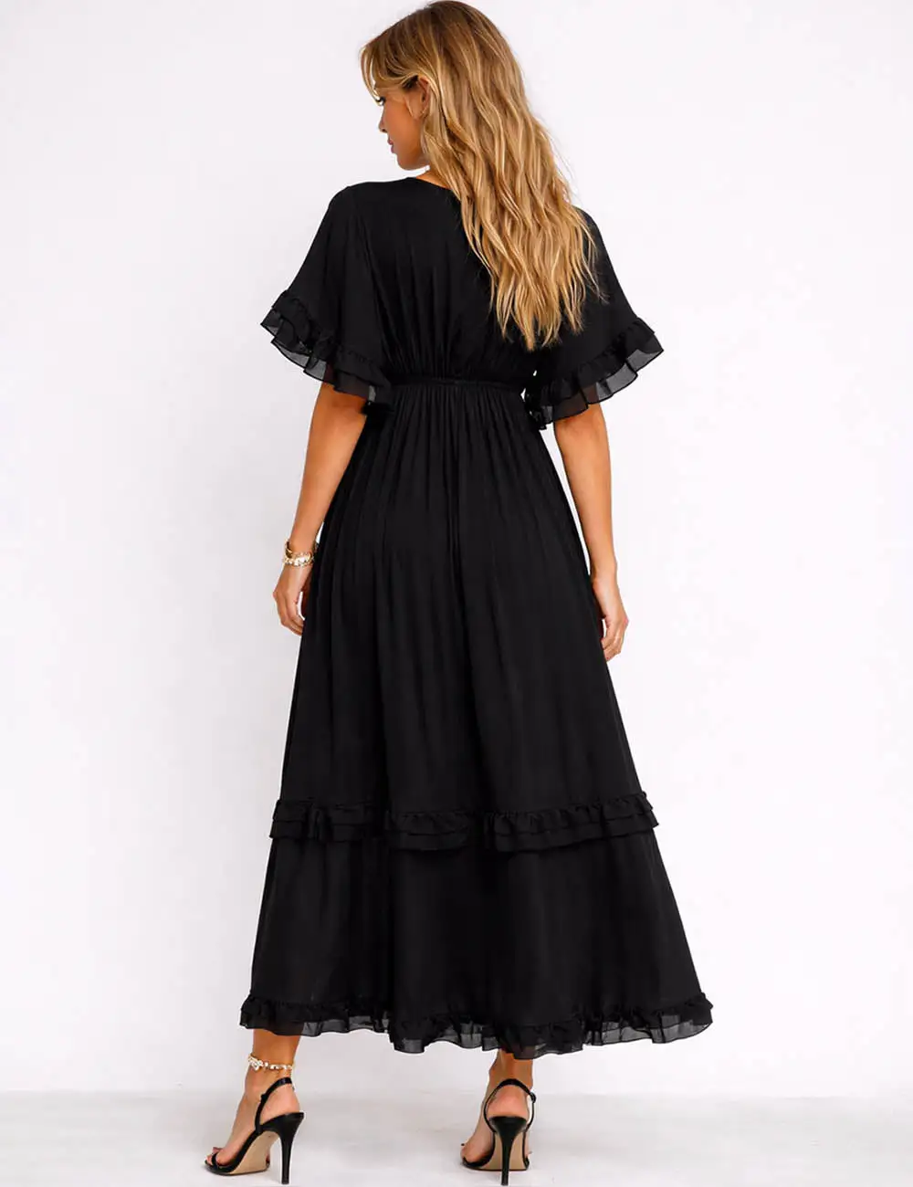 Chic V Neck Ruffle Sleeves Tiered Midi Dress