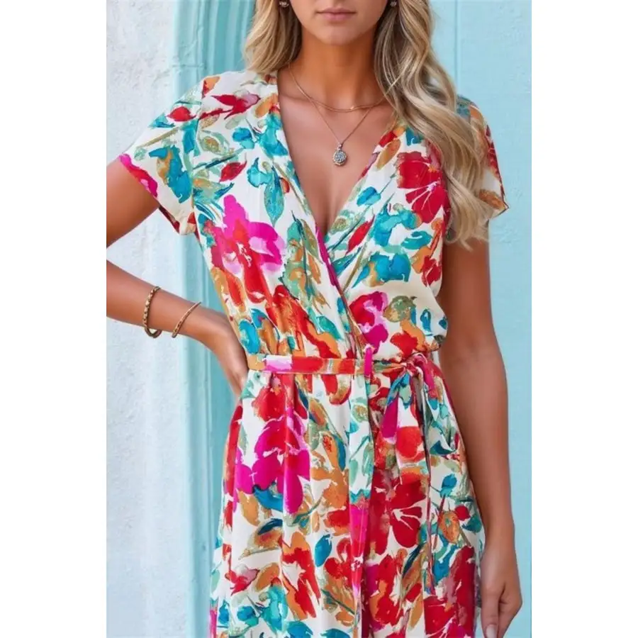 Printed Surplice Short Sleeve Tie Waist Maxi Dress