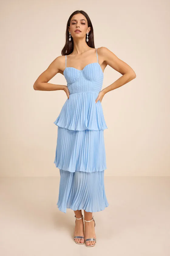 Cascading Crush Light Blue Tiered Bustier Midi Dress