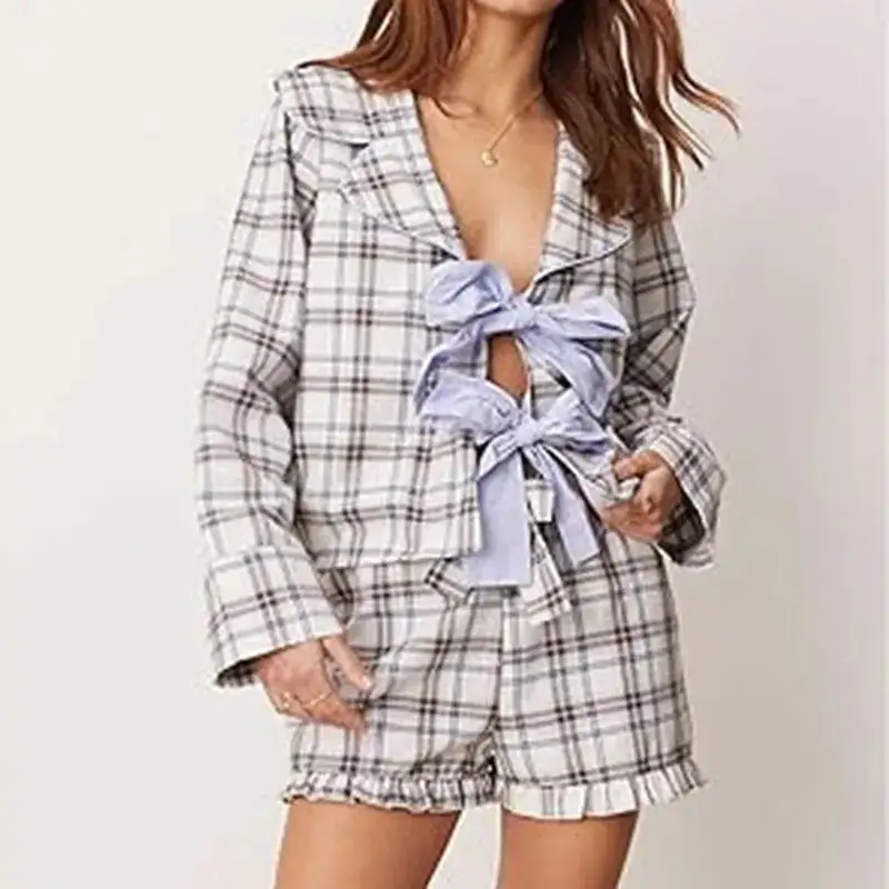 Long Sleeve Bow Front Print Shirt and Shorts Set Lounge Set