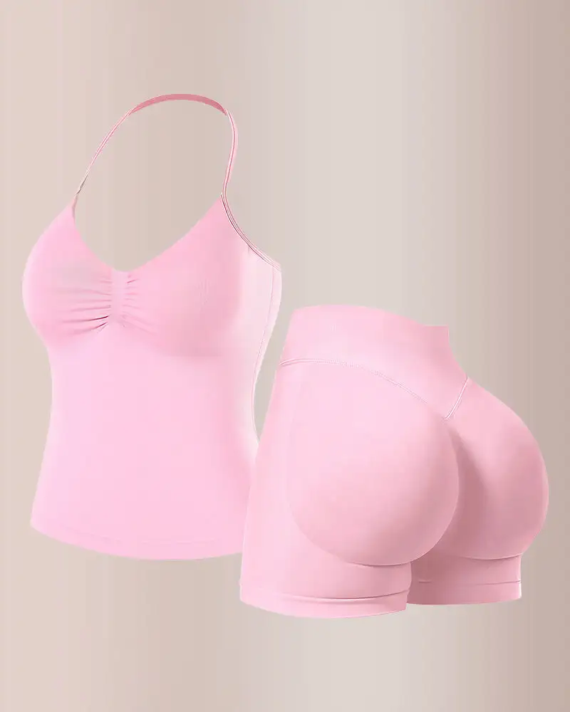 Halter Neck Seamless Activewear Set with Built-In Bra and Scrunch Shorts