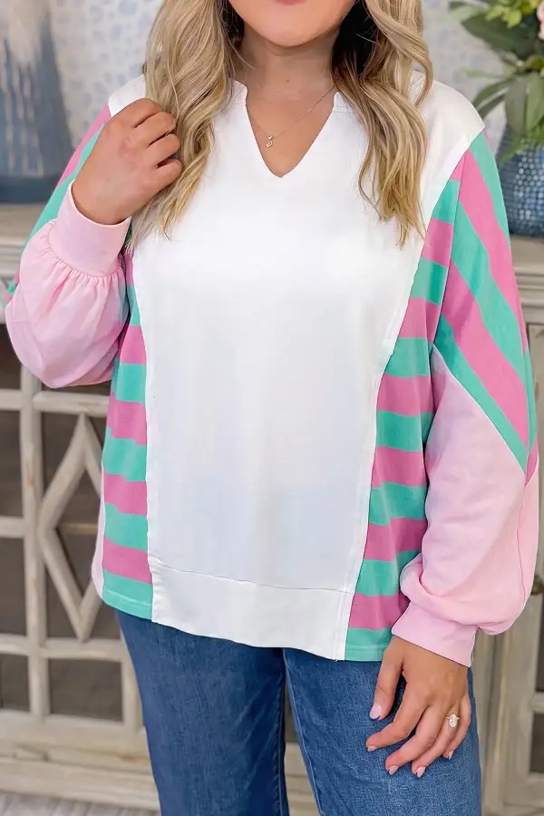 Striped V Neck Relaxed Cotton Blend Long Sleeve Top
