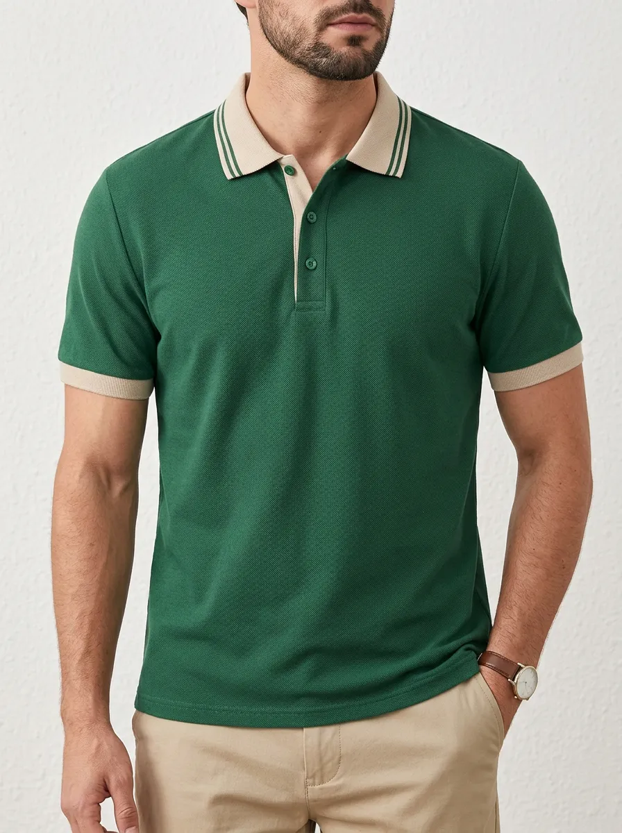 Men's Classic Knit Ribbed Textured Striped Contrast-Collar Contrast-Trim Polo Shirt