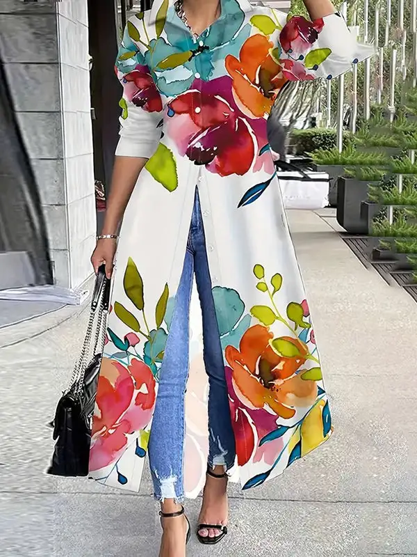 Flower Buttoned Long Shirt Maxi Dress