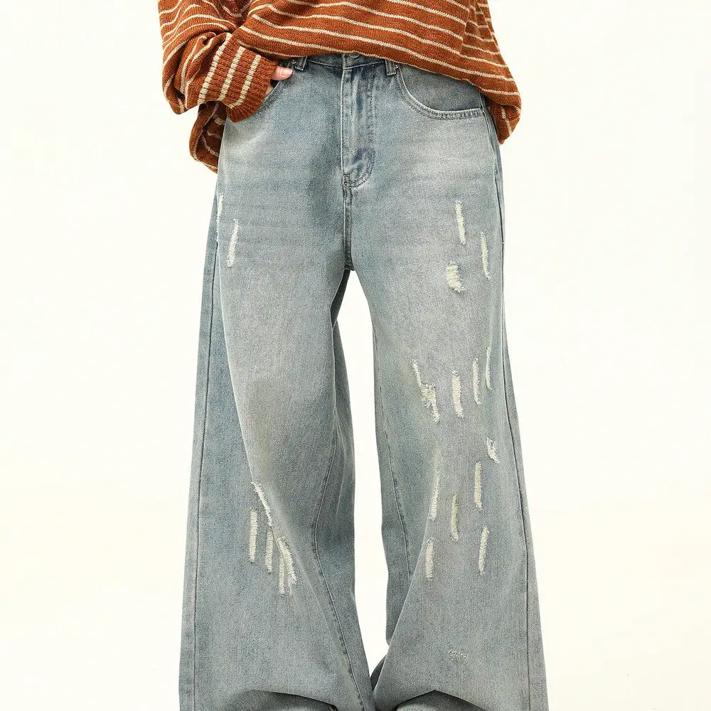 Distressed Wide Leg Floor Length Jeans
