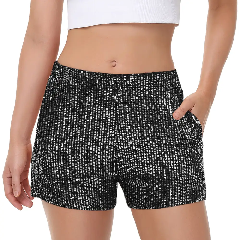 High-Waist Elastic-Waist Pocketed Straight Sequin Shorts