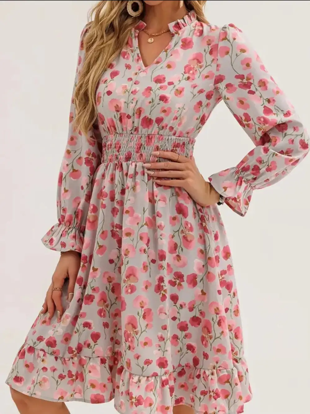 Layered Detail Floral Printed Ruffle Dress