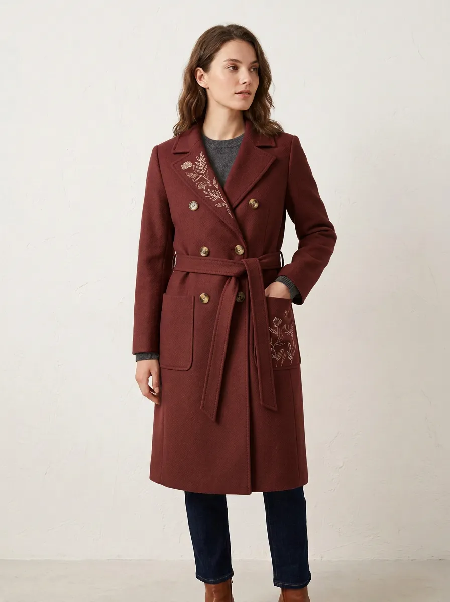 Women's Floral Line Art Embroidered Trench Coat