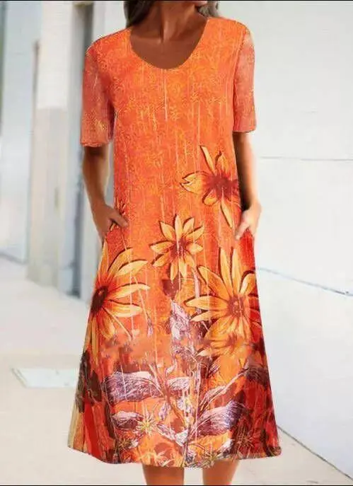 Printed Casual Round Neck Vintage Floral Half Sleeve Dress