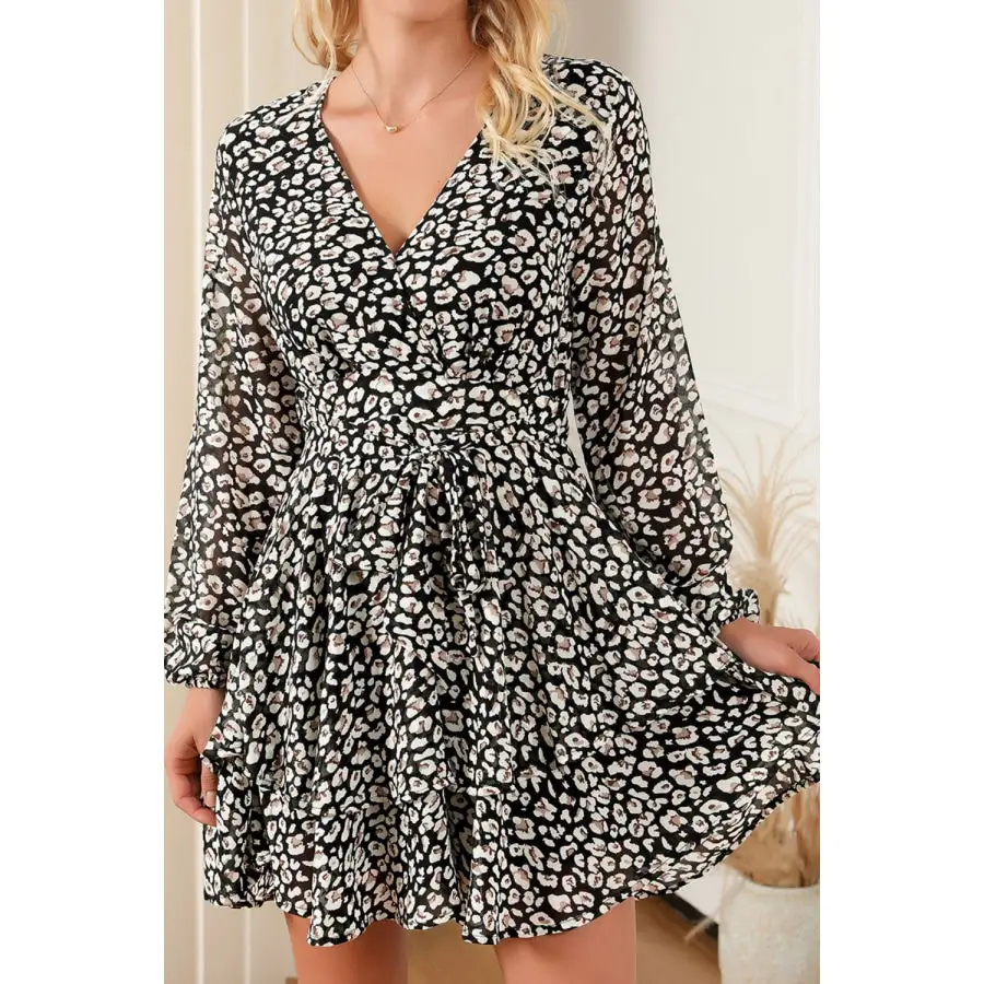 Printed Surplice Long Sleeve Mini Dress
