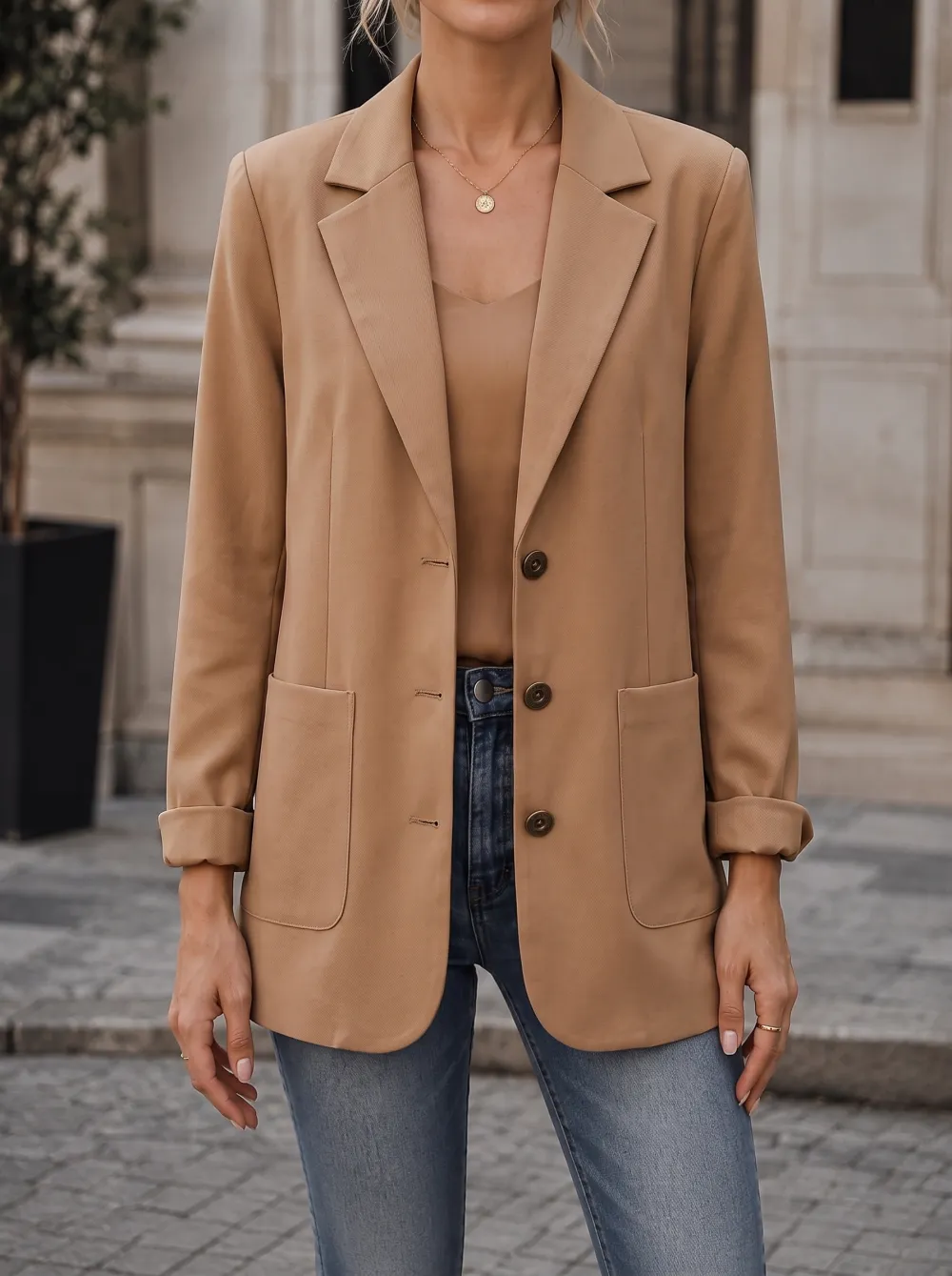 Women's Casual Business Camel Solid Color Buttoned Blazer Jacket
