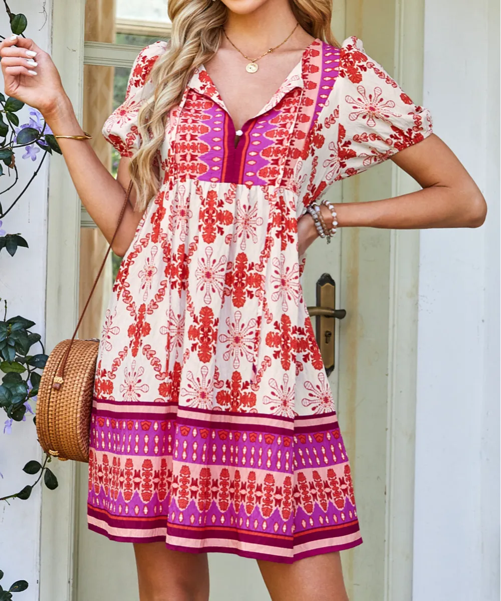 Boho Short Sleeve Lace-Up V Neck Mini Dress