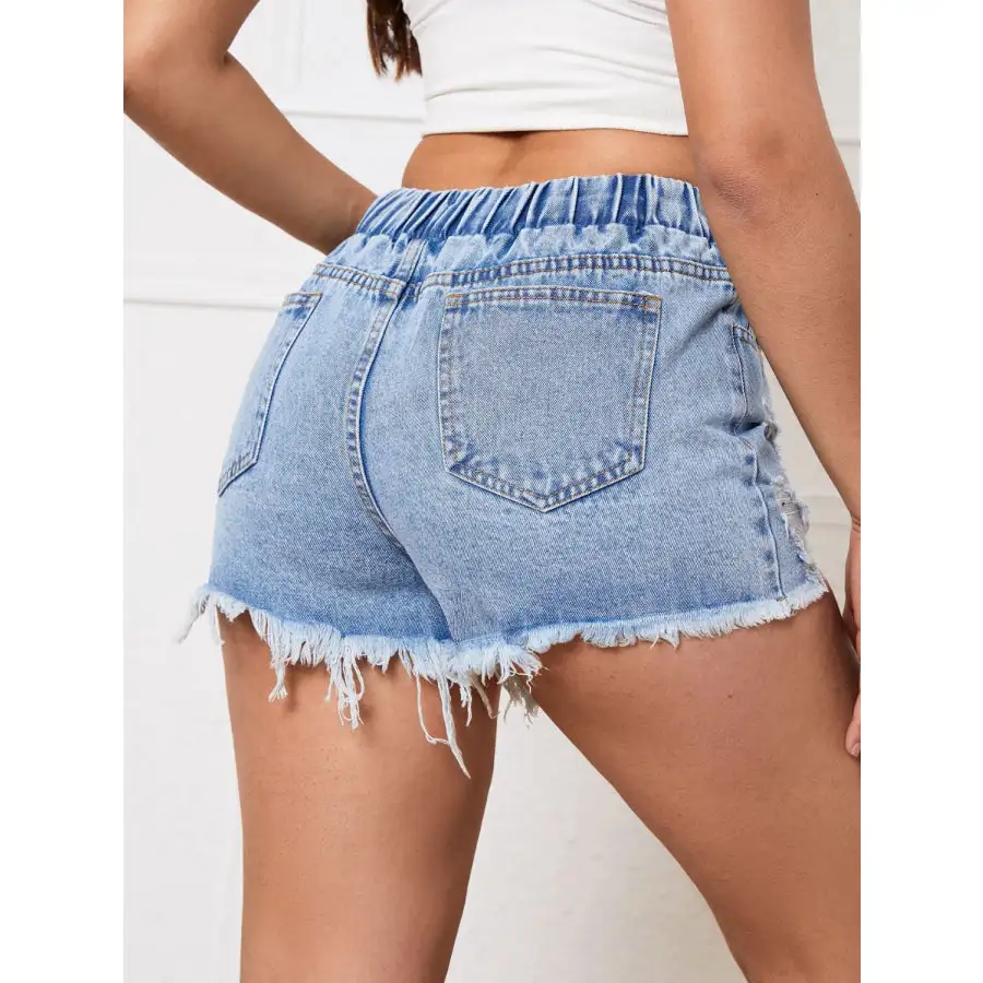 Distressed Drawstring Raw Hem Denim Shorts
