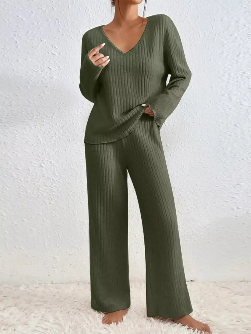 Ribbed Knit V Neck Top and Pants Set