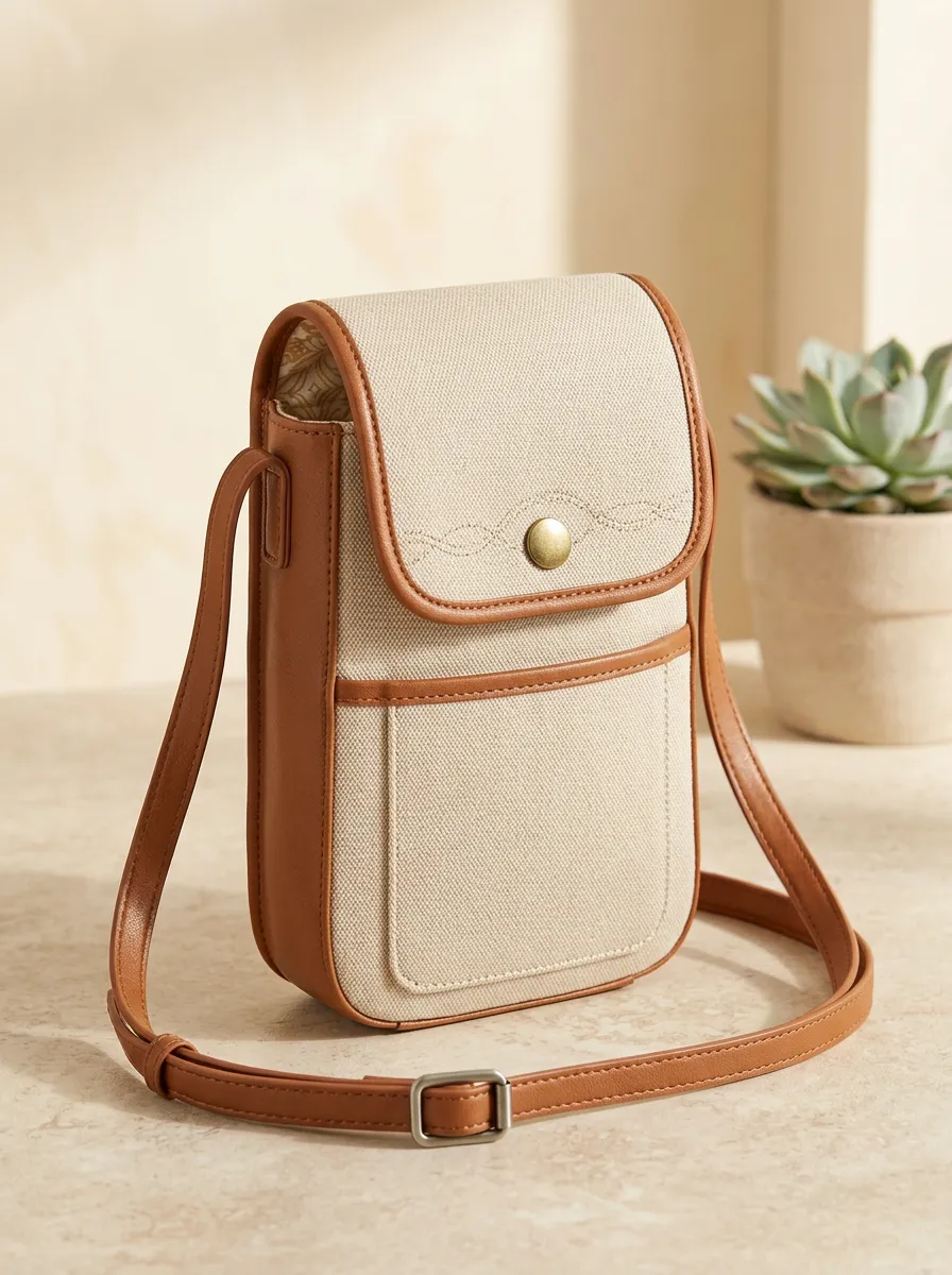 Women's Brown Canvas Composed Crossbody Phone Pouch