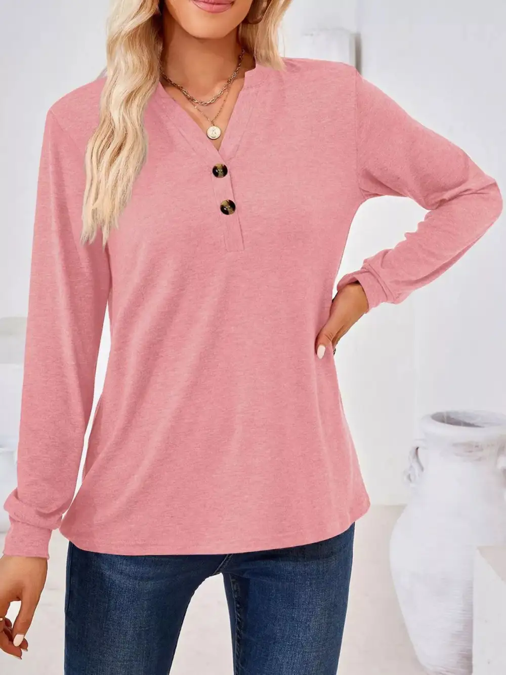 Everyday Button Detail Long Sleeve T-Shirt