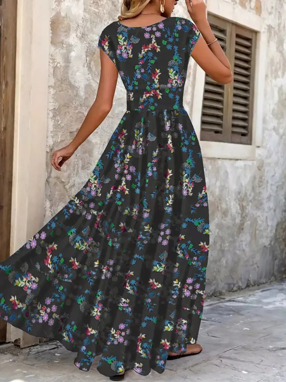 Smooth Finish Printed V Neck Maxi Dress