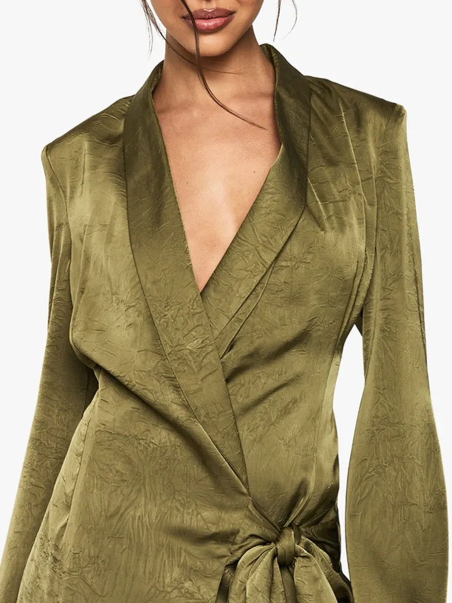 Olive Green Belted Asymmetric Blazer Dress