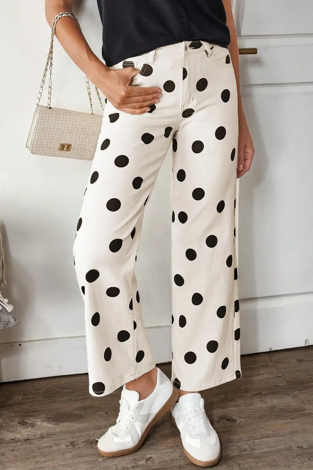 Polka Dot Print Wide Leg Ankle Length Jeans