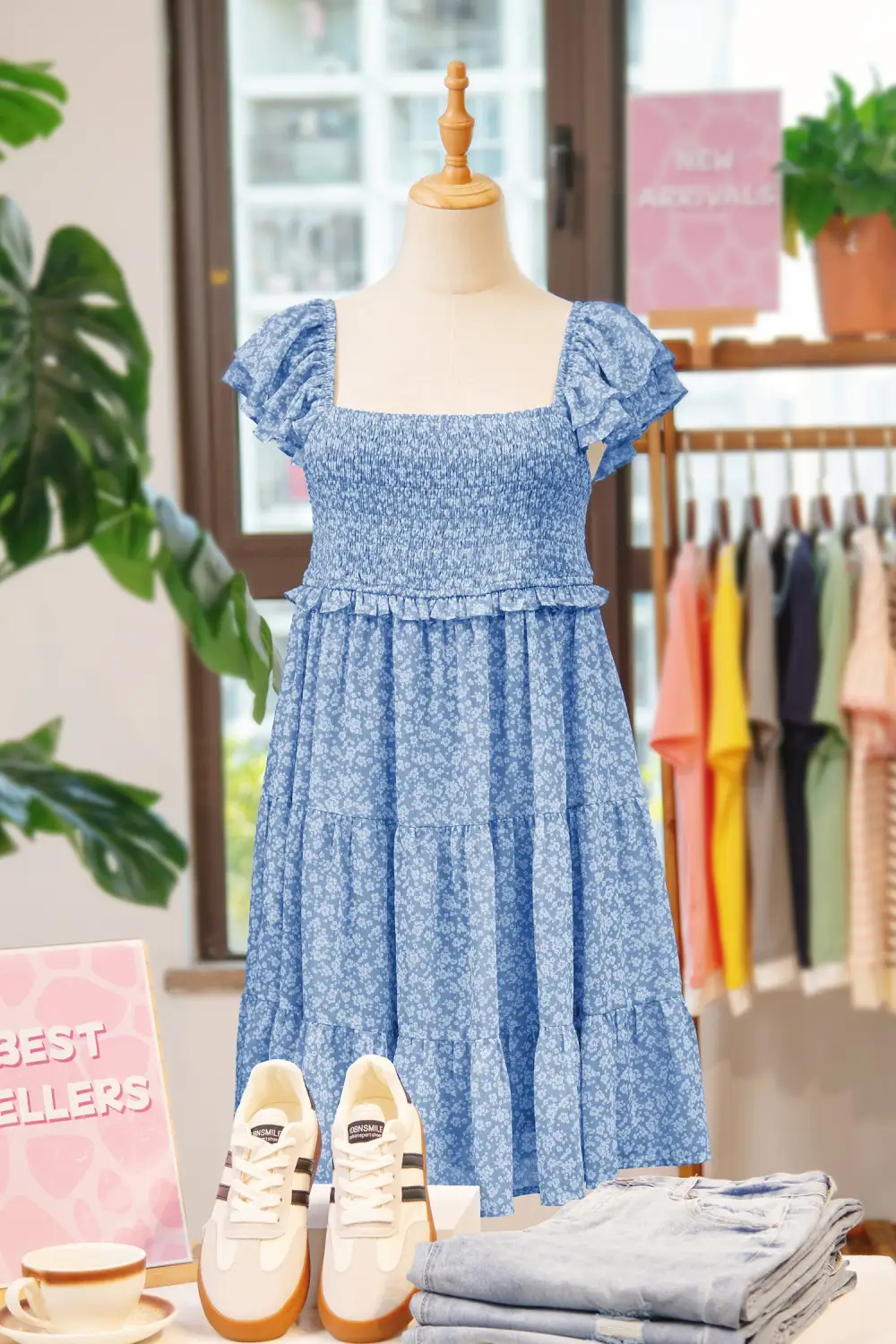 Layered Detail Floral Printed Square Neck Mini Dress