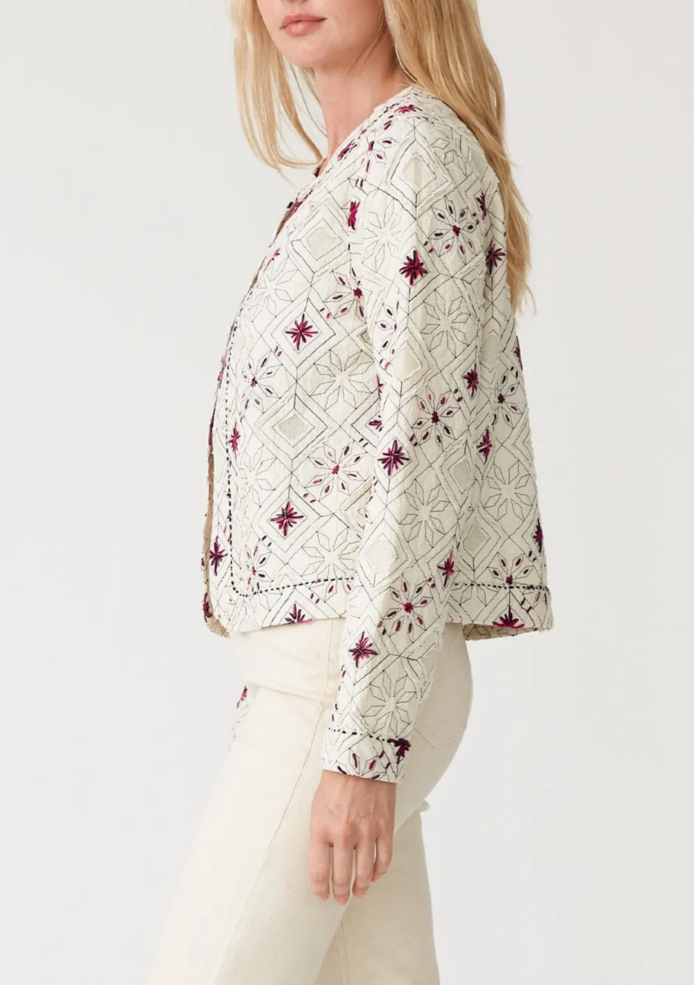 Embroidered Open Front Cropped Jacket