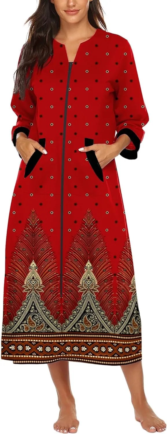 50% OFF Women Zipper Robe 3/4 Sleeves Loungewear Dress Full Length Sleepwear Pockets Housecoat Nightgown Long Bathrobe