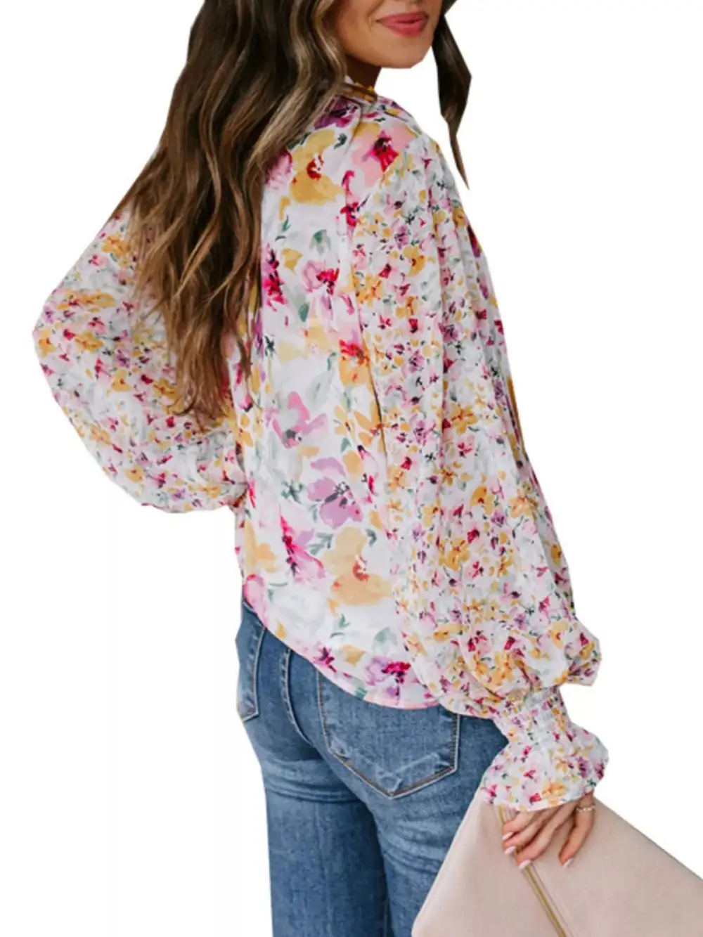Floral Print Smocked Cuff Blouse Plus