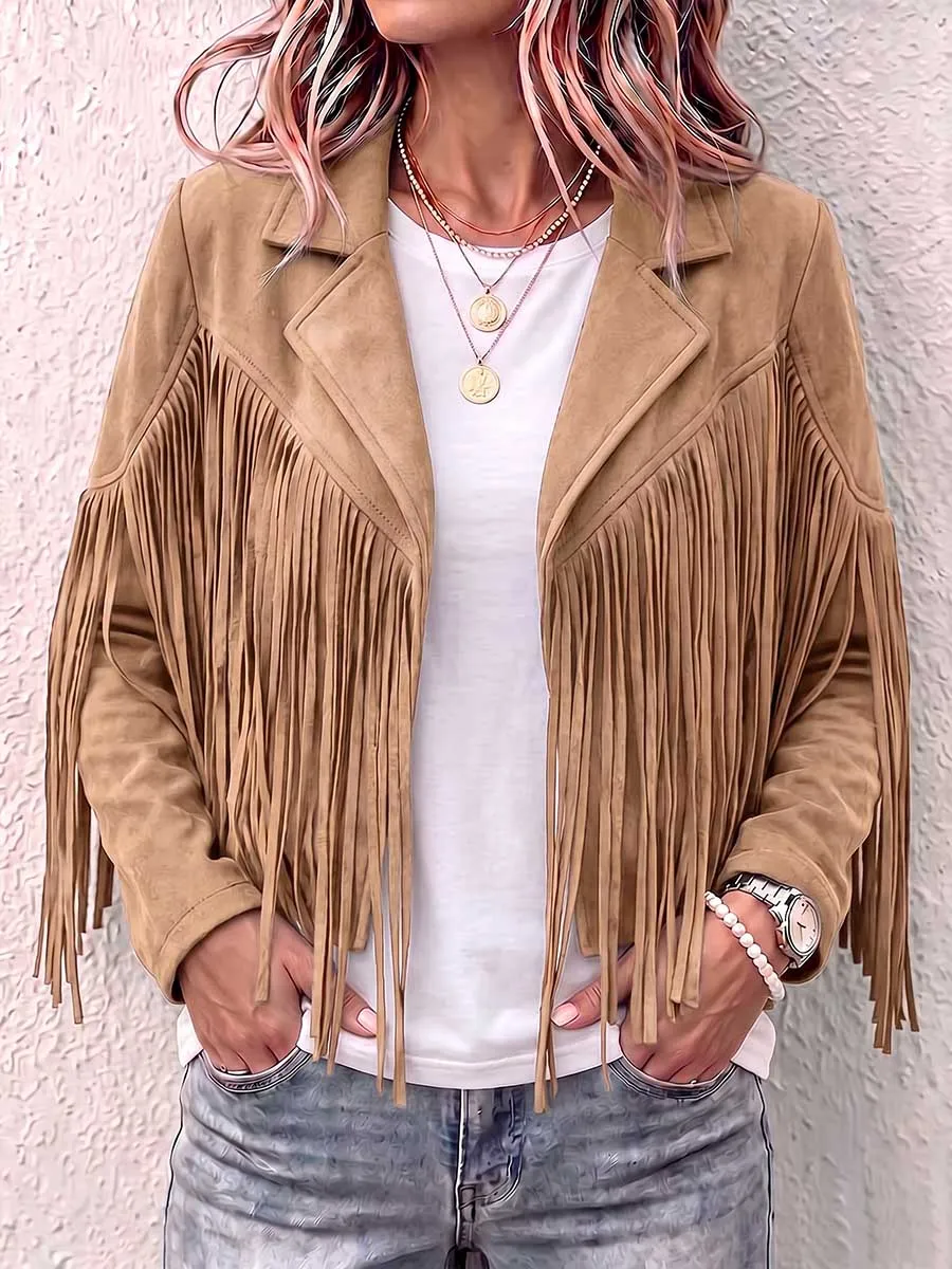 Women S Solid Color Lapel Long-sleeved Casual Loose Tassel Jacket