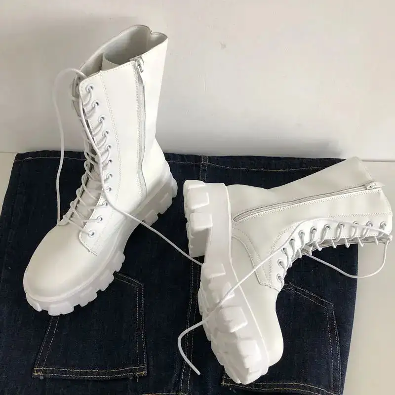 Lace-Up Square-Heel Platform Knee-High Boots