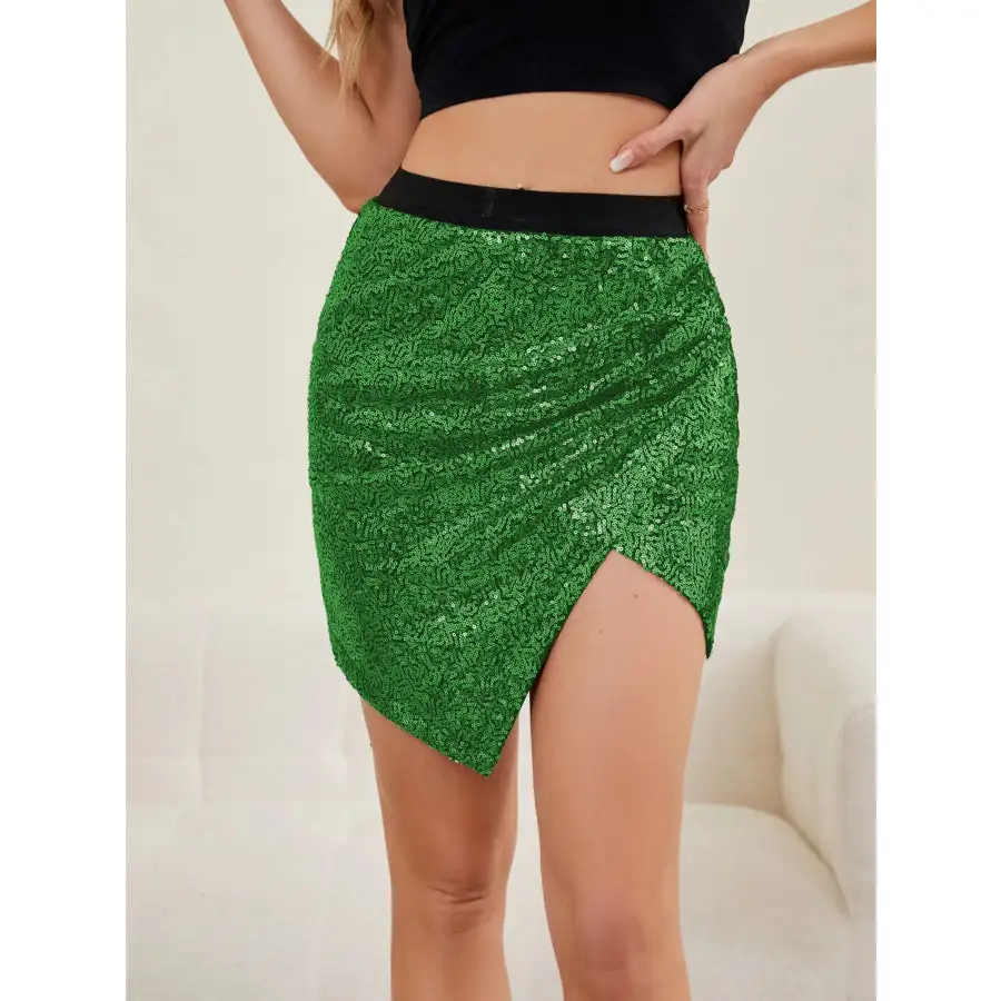 Asymmetrical Slit Sequin Skirt