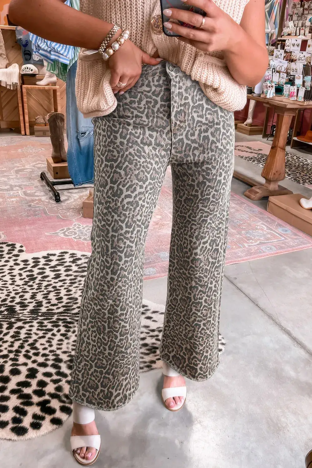Leopard Frayed Edge Wide Leg High Denim Jeans
