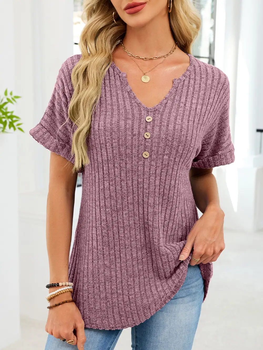 V Neck Button Front Loose Ribbed Tee