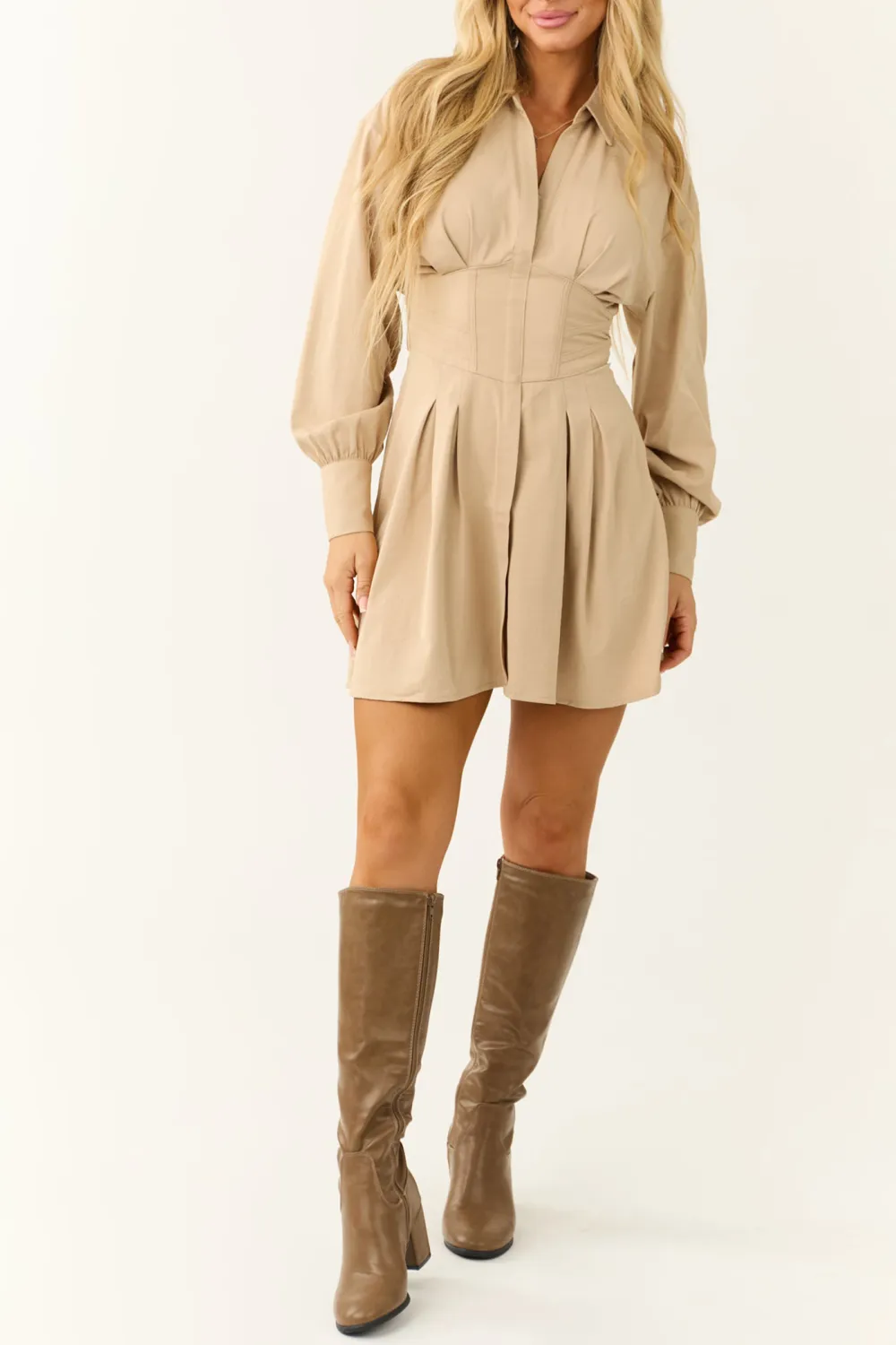 Oatmeal Long Sleeve Back Corset Short Dress