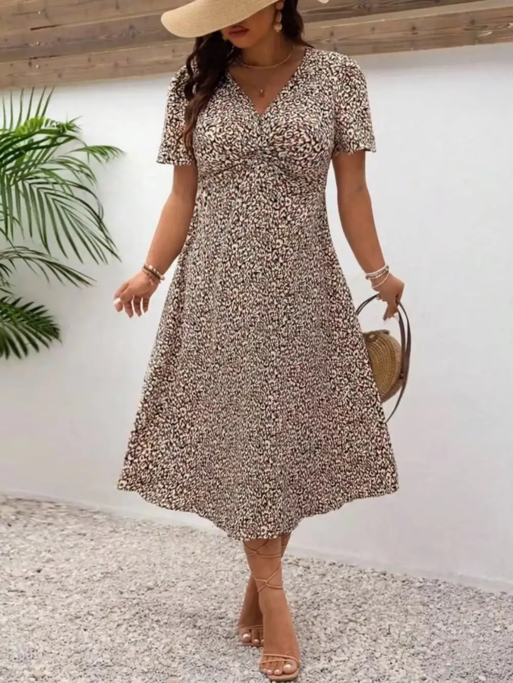 Polished Detail Printed V Neck Short Sleeve Midi Dress