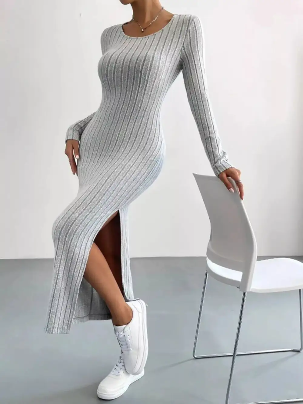 Textured Detail Ribbed Knit Midi Dress