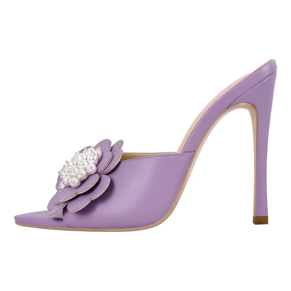Pearl Flower Pointed Toe Stiletto Mule Sandals